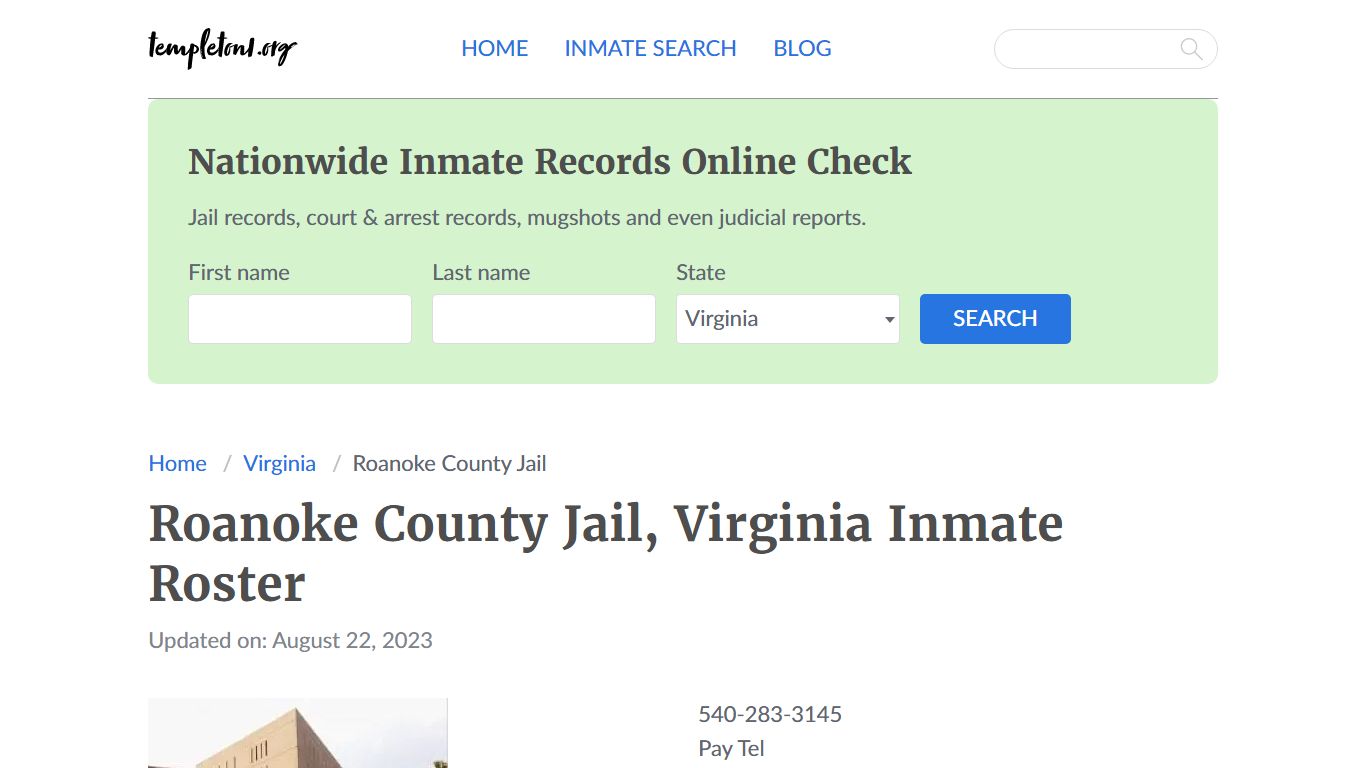 Roanoke County Jail, Virginia Inmate Booking - Templeton